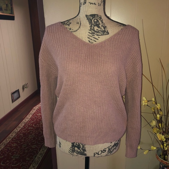 LOVE BY DESIGN Soft & Cozy Tan Knit Open Back V Neck Sweater - Picture 5 of 12